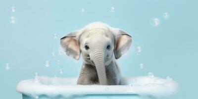 minimalistisch Albino Elefant im ein Badewanne von Seife Luftblasen gegen ein cyan Hintergrund. ai generativ foto