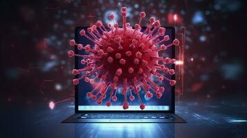 Computer Bildschirm zeigen ein Installation aktualisieren Benachrichtigung mit ein Virus Symbol, ai generativ foto