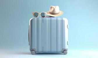 Blau Koffer mit Sonnenbrille auf ein Pastell- Blau Hintergrund. Reise Konzept. generativ ai foto