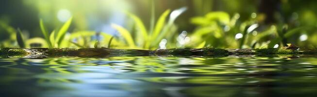 verschwommen Bild von natürlich Hintergrund von Wasser und Pflanzen. generativ ai foto