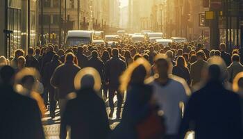 Menge von Menschen Gehen beschäftigt Stadt Straße hinterleuchtet. generativ ai foto