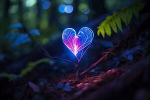 glühend Biolumineszenz Pflanze geformt mögen ein Mensch Herz, im ein mysteriös Wald. generativ ai foto