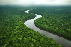 Antenne Aussicht von das Amazonas Urwald Landschaft mit Fluss biegen. generativ ai foto