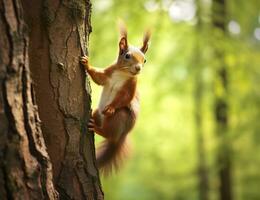 schön Eichhörnchen auf ein Baum im ein Wald Park im das Sommer. generativ ai foto