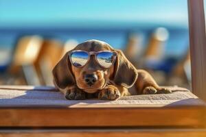 Hund Hündchen tragen Sonnenbrille, Lügen auf ein Sonnenbank zu Sonnenbad beim das Strand Meer auf Sommer- Urlaub, Feiertage. komisch Konzept. ai generativ foto