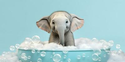 minimalistisch Albino Elefant im ein Badewanne von Seife Luftblasen gegen ein cyan Hintergrund. ai generativ foto