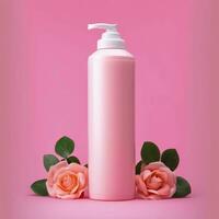 Amazonas Produkt Bild Körper waschen, Zylinder Flasche solide Farbe Rosa Hintergrund, mit Rosen, ai generativ foto