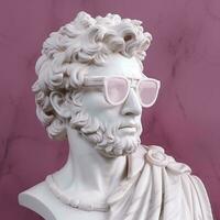 das Kopf von ein Weiß mythologisch Statue mit modisch Rosa Brille auf seine Augen, Rahmen im Profil. ai generativ foto