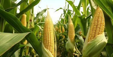 Nahansicht Mais Kolben im Mais Plantage Feld. generativ ai foto