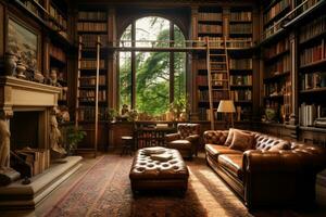 Luxus Innere von ein alt Bibliothek mit Bücherregale, Leder Sessel und ein Bücherregal, schön Zuhause Bibliothek, ai generiert foto