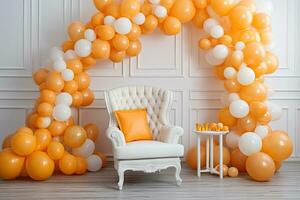 Weiß Sessel mit Orange und Weiß Luftballons im das Innere von das Zimmer, schön Dekoration Sessel und Luftballons zum ein Baby Dusche Party, ai generiert foto