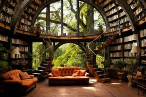 Innere von ein Bibliothek mit Bücherregal, Sofa und Bücherregale, schön Zuhause Bibliothek, ai generiert foto