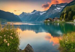 Fantastisch Abend Berg Landschaft, ai generiert foto