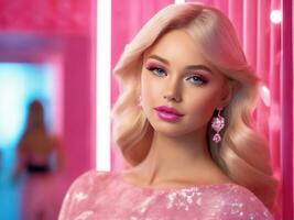 süß blond Mädchen, Puppe Stil im Mode Rosa Kleid, Studio Rosa Hintergrund ai generiert foto