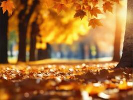 schön Herbst Hintergrund Landschaft. Teppich von gefallen Orange Herbst Blätter. ai generiert foto