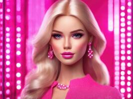 süß blond Mädchen, Puppe Stil im Mode Rosa Kleid, Studio Rosa Hintergrund ai generiert foto