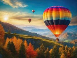 bunt heiß Luft Ballon fliegend Über Berg ai generiert foto