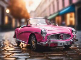 Rosa retro Auto auf Jahrgang Straße Hintergrund ai generiert foto