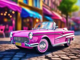 Rosa retro Auto auf Jahrgang Straße Hintergrund ai generiert foto