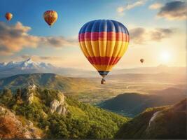 bunt heiß Luft Ballon fliegend Über Berg ai generiert foto