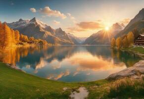 Fantastisch Abend Berg Landschaft, malerisch Herbst Sonnenuntergang im schweizerisch Alpen ai generiert foto