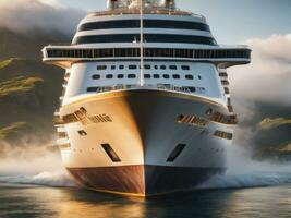 Luxus Kreuzfahrt Schiff Segeln zu Hafen beim Sonnenuntergang ai generiert foto