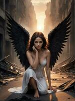 Illustration von ein gefallen Engel im dramatisch Licht ai generiert foto