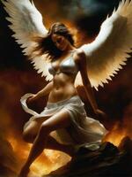 Illustration von ein gefallen Engel im dramatisch Licht ai generiert foto
