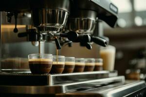 Espresso Gießen von Kaffee Maschine beim Cafe. ai generativ Profi Foto