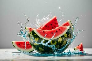 Wasser Spritzen auf ein Wassermelone Frucht. ai generativ Profi Foto