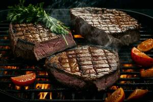 Rindfleisch Steaks auf das Grill. ai generativ Profi Foto