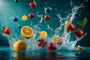 frisch Früchte im Wasser Spritzen. ai generativ Profi Foto