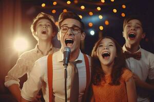 ein Papa und seine Familie Singen Karaoke zusammen foto