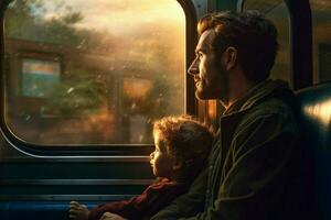 ein Vater und Kind gehen auf ein Zug Reiten foto