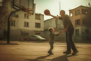 ein Vater und Sohn spielen Basketball zusammen foto