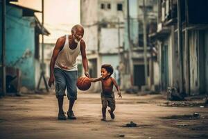 ein Vater und Sohn spielen Basketball zusammen foto