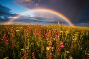 ein Feld von Wildblumen mit ein Regenbogen im das Himmel foto