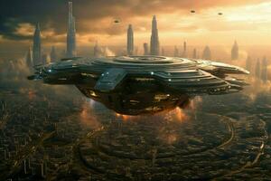 ein futuristisch Raumschiff schweben Über ein Stadt foto