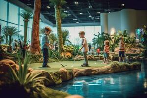 ein Gruppe von Kinder genießen ein Spiel von Minigolf foto