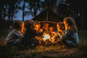 ein Gruppe von Kinder Teilen Geschichten um ein Bonfir foto