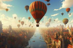 ein heiß Luft Ballon Festival Über ein Stadt Horizont foto