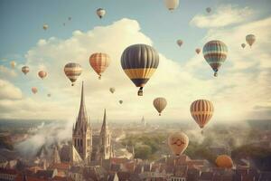ein heiß Luft Ballon Festival Über ein Stadt Horizont foto