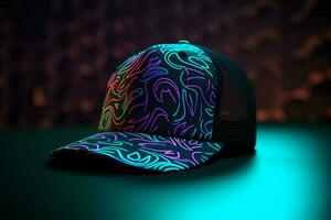ein Neon- Trucker Hut mit ein Graffiti Muster foto