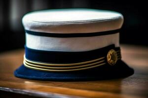 ein Seeleute Hut mit ein Marine Blau Band foto