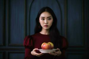 asiatisch jung Frau ist Essen Diät Essen foto