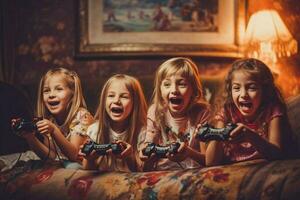 Kinder haben Spaß spielen Video Spiele mit Freund foto