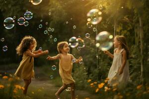 Kinder spielen mit Blasen foto