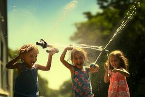 Kinder spielen mit Wasser Waffen auf ein heiß Tag foto