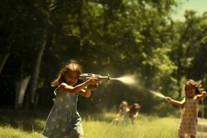 Kinder spielen mit Wasser Waffen auf ein heiß Tag foto