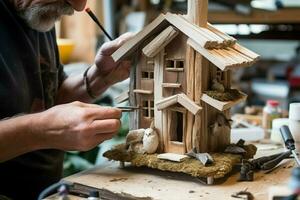 Herstellung ein hausgemacht Vogelhaus foto